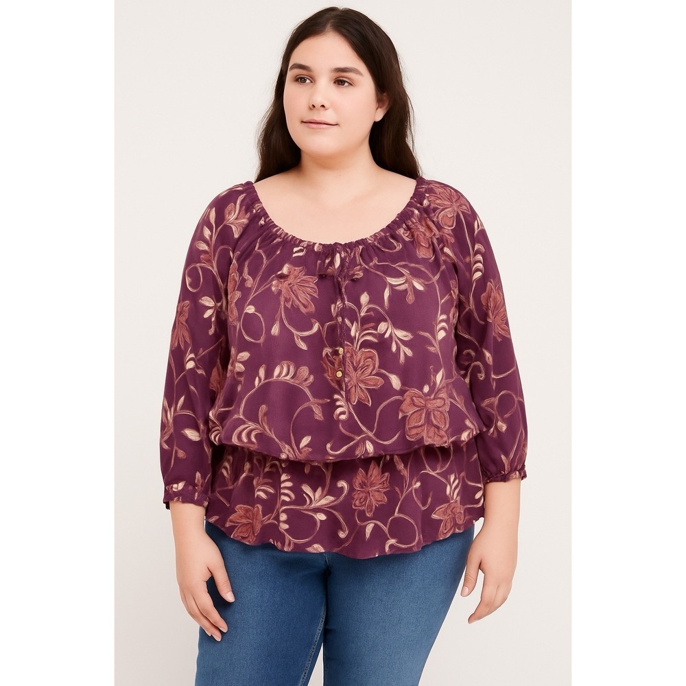 Croft & Barrow Womens Purple Floral 3/4 Sleeve XL Elastic Waist Boho Peasant